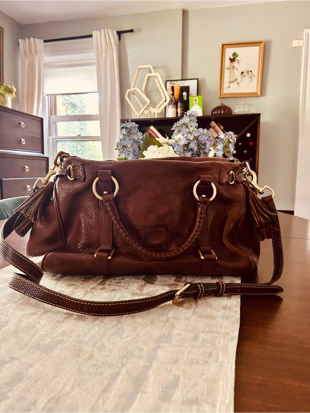 Dooney & Bourke Brown Leather Satchel with Tassel Details